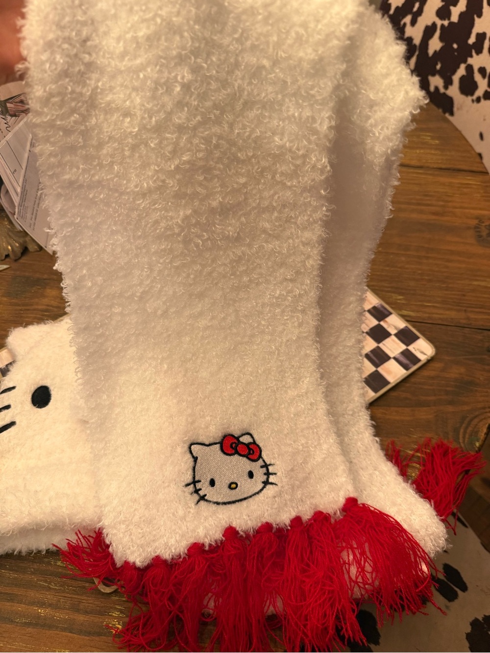 NEVER WORN Hello Kitty Cream and Red Plush Hat & Scarf Set
